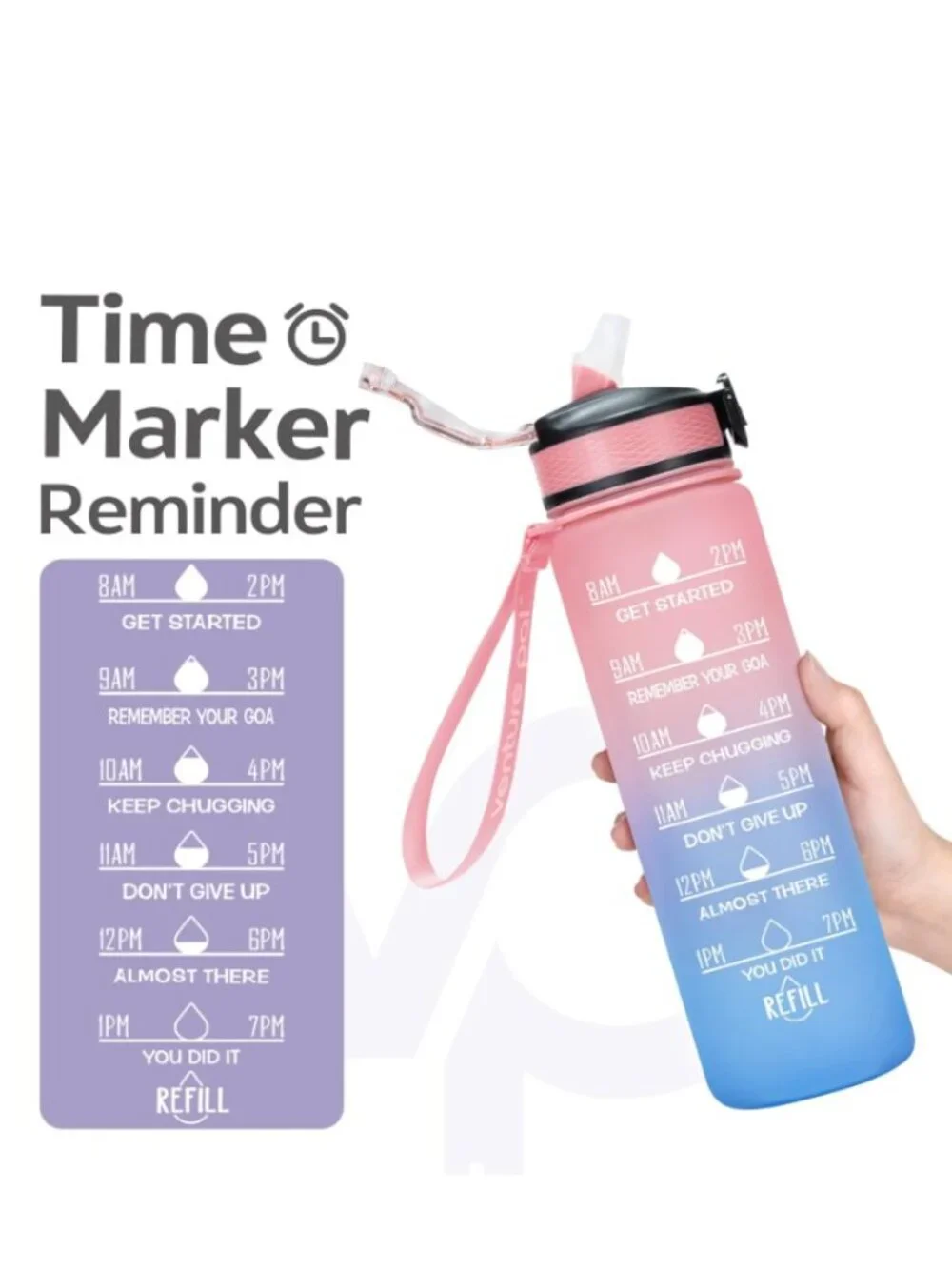 Venture Pal 32oz Motivational Water Bottle with Time Marker Ombre Pink Blue NWOT